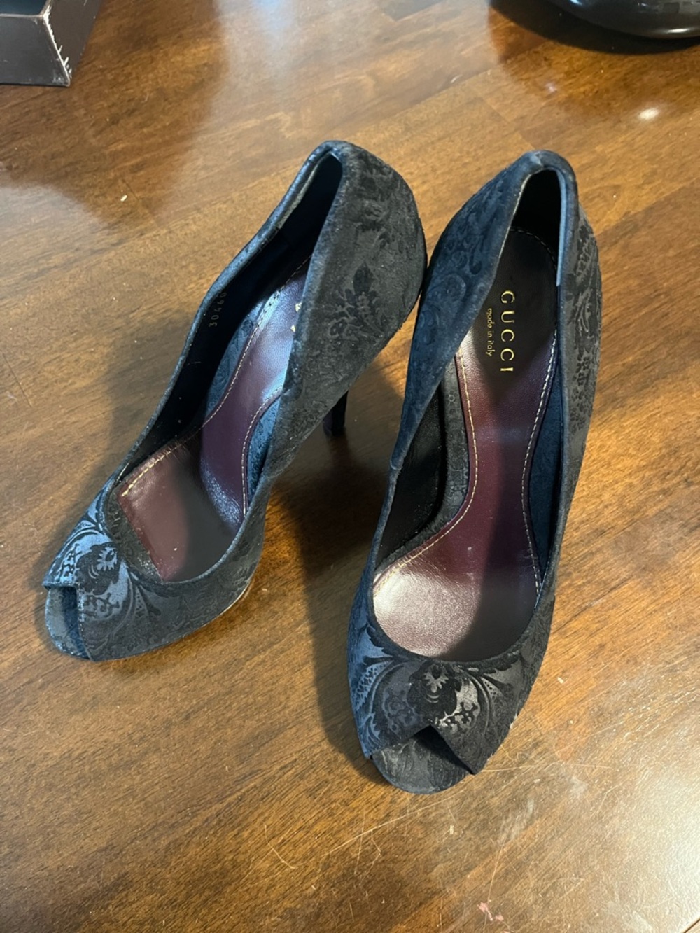 Gucci Black Velvet Open-Toe Pumps with Subtle Damask